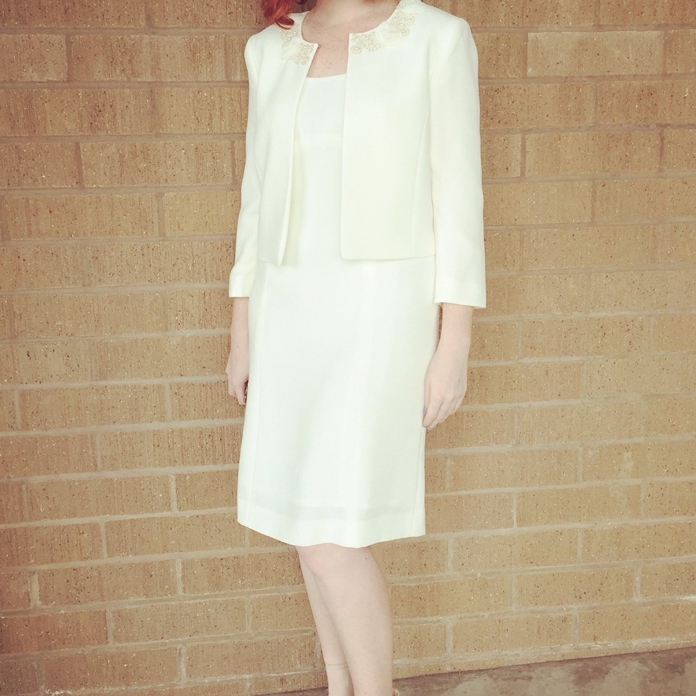 Tahari ASL Luxe Cream Embellished Dress
